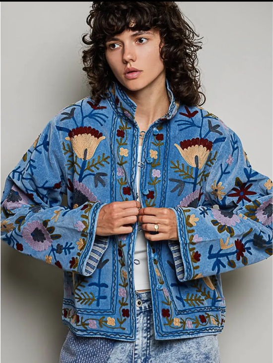 POL Jackets & Blazers - POL Denim Blue Cotton Velvet Embroidered Floral Suzani Jacket